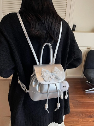 Dames Mini PU Leer Rugzak Met Kant Strik En Pluche Monster Hanger Lief Schattig Kleine Rugtas Voor Dagelijks Gebruik