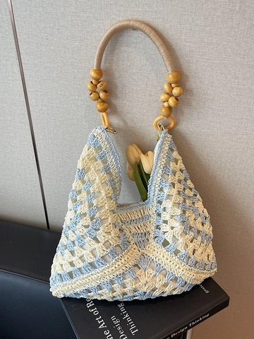 Handmade Woven Straw Tote Bag For Women Bohemian Crochet Shoulder Bag With Wooden Beads Handle Summer Vacation Beach Bag