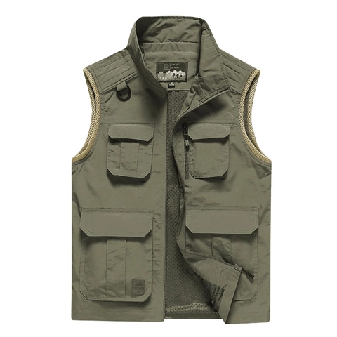 Gilet Utilitaire Multi-Poches Extérieur pour Hommes Veste de Pêche Photographie Sans Manches Séchage Rapide Col Montant
