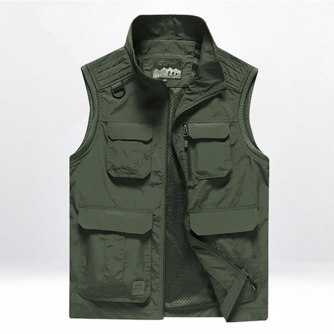 Gilet Utilitaire Multi-Poches Extérieur pour Hommes Veste de Pêche Photographie Sans Manches Séchage Rapide Col Montant