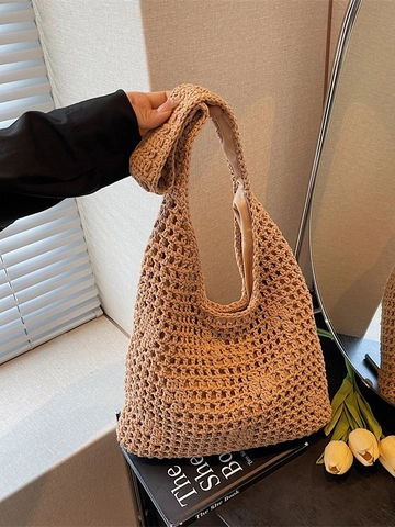 Sac à Épaule Tissé au Crochet à la Main pour Femme Ajouré Artisanal Artistique Sac Cabas de Plage d'Été Grande Capacité Accessoire Vacances Décontracté