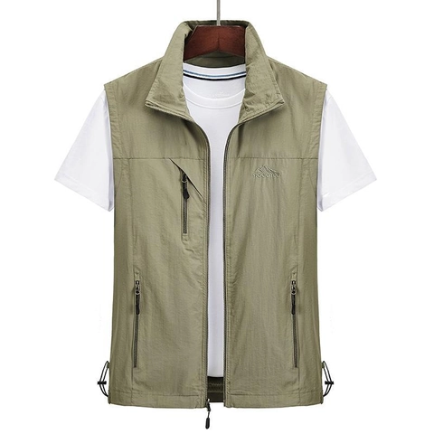 Gilet Décontracté d'Extérieur pour Hommes Multi-Poches Col Montant Séchage Rapide Léger Gilet de Pêche Photographie