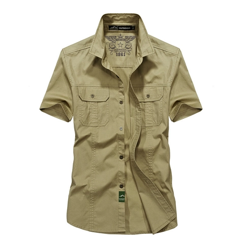 Camicia Cargo da Uomo a Maniche Corte in Cotone Stile Militare Colletto a Punta Camicia da Lavoro Casual Con Doppie Tasche Esterne