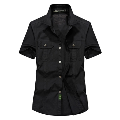 Men's Casual Cotton Short Sleeve Shirt Cargo Military Style Workwear Button Down Top With Double Chest Pockets Solid Color