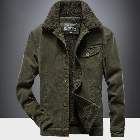 Veste Décontractée en Velours Côtelé de Coton pour Hommes Avec Doublure Polaire Col Sherpa Manteau Rembourré Chaud d'Hiver