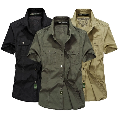Men's Casual Cotton Short Sleeve Shirt Cargo Military Style Workwear Button Down Top With Double Chest Pockets Solid Color