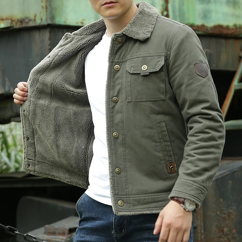 Men Winter Fleece Lined Cotton Jacket Thickened Workwear Style Outdoor Casual Coat With Lamb Wool Collar For Men