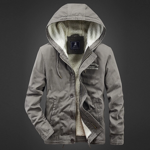 Men's Winter Thickened Hooded Sherpa Lined Cotton Jacket Workwear Casual Fleece Padded Coat Outerwear With Letter Print