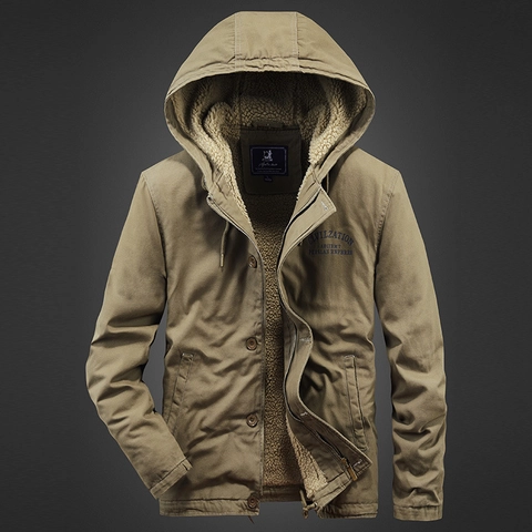 Men's Winter Thickened Hooded Sherpa Lined Cotton Jacket Workwear Casual Fleece Padded Coat Outerwear With Letter Print