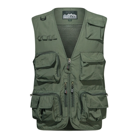 Gilet de Plein Air pour Hommes à Poches Multiples Pêche Photographie Nylon Col en V Fermeture Éclair Doublure en Mesh Cargo Haut