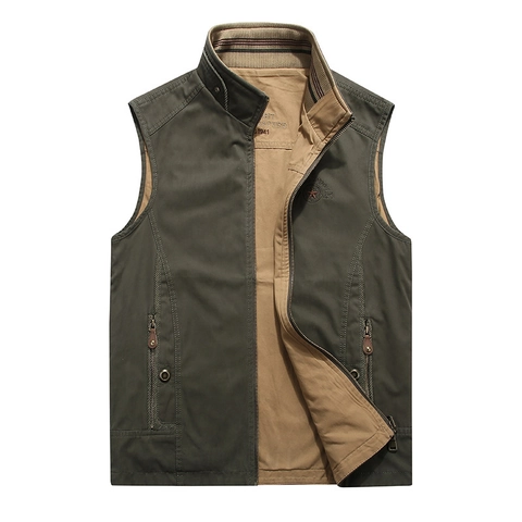 Chaleco de Algodón para Hombre Reversible Aire Libre Multi-Bolsillo Casual Pesca Fotografía Chaleco Cuello Alto Utilitario para Hombres