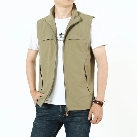 Gilet da Uomo Casual all'Aperto con Collo in Piedi Multitasche Leggero Traspirante Resistente all'Usura Giacca Senza Maniche