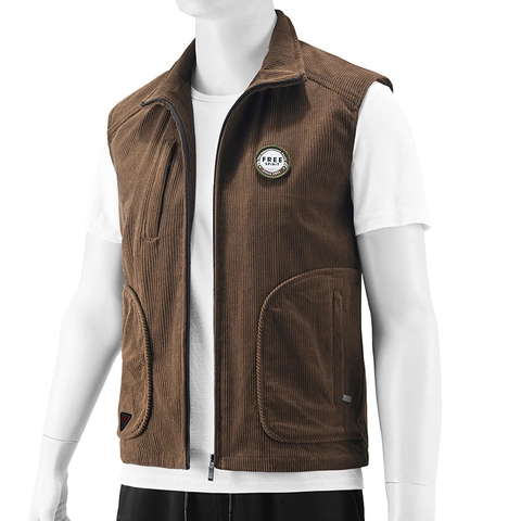 Herren Retro Cord Weste Jacke Stehkragen Gewaschen Bambusfaser Kaninchenhaar Bestickt Patch Casual Utility Taschen Weste