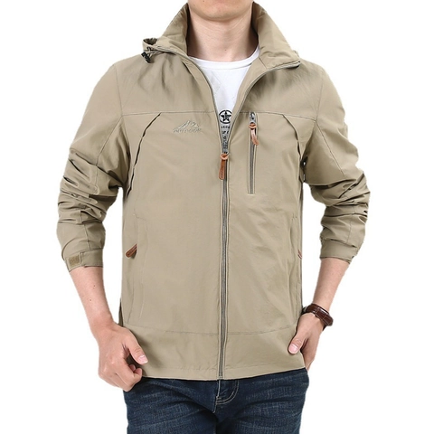 Men's Outdoor Hooded Jacket Windproof Casual Mountaineering Windbreaker Removable Hood Full Zip Coat Plus Size Autumn Top