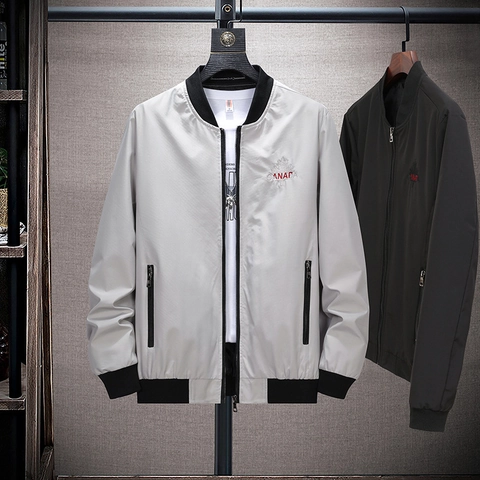 Chaqueta Bomber Casual para Hombre Poliéster a Prueba de Viento Cuello Alto Abrigo con Cremallera y Patrón de Hoja de Membrillo