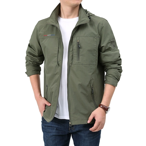 Giacca Antivento da Uomo All'aperto Leggera con Cappuccio Chiusura Lampo Cappotto Sportivo Casual Nylon Poliestere Capospalla