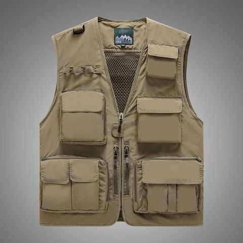 Gilet Cargo Multi-Poches Extérieur pour Hommes Doublure en Maille Respirante Gilet de Pêche Photographie Casual Nylon Veste sans Manches Fermeture Éclair