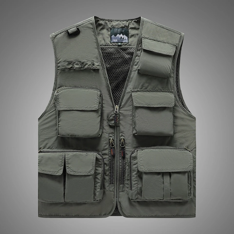 Gilet Cargo Multi-Poches Extérieur pour Hommes Doublure en Maille Respirante Gilet de Pêche Photographie Casual Nylon Veste sans Manches Fermeture Éclair