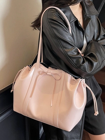 Large Capacity Shiny PU Leather Tote Bag With Bow Knot Drawstring Shoulder Bag Trendy Commuting Handbag For Women