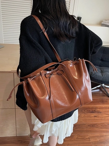 Large Capacity Shiny PU Leather Tote Bag With Bow Knot Drawstring Shoulder Bag Trendy Commuting Handbag For Women