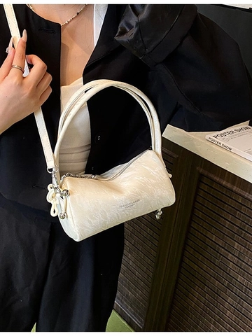 Sac Tonneau en Cuir PU pour Femmes Mode Sac à Bandoulière Texture Gauffrée Petit Sac à Main Boston pour Femmes Tenue Quotidienne