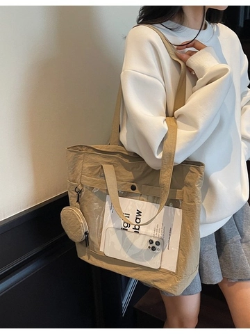 Large Capacity Canvas Tote Bag For Women Casual Shoulder Bag With Transparent Ita Pocket And Round Coin Purse For School Daily