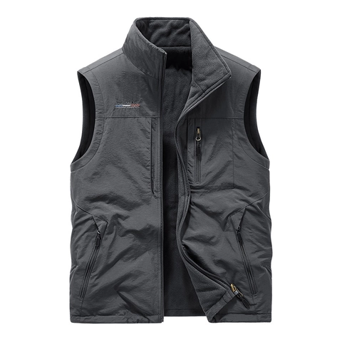 Men's Outdoor Reversible Fleece Vest Multi-Pocket Stand Collar Warm Sleeveless Jacket Casual Windproof Winter Waistcoat