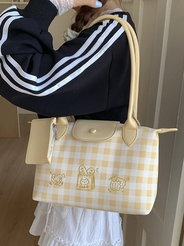 Sac Fourre-tout Gingham pour Femmes Grande Capacité Style Preppy Commuting Sac à Épaule Sous les Aisselles Broderie Cartoon en Cuir PU