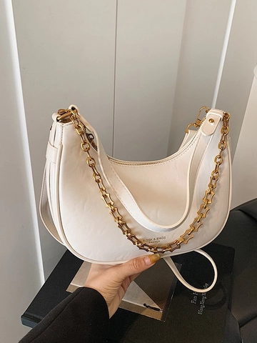 Vintage PU Leather Half Moon Hobo Bag For Women Minimalist Solid Color Crossbody Bag With Metal Chain Decoration