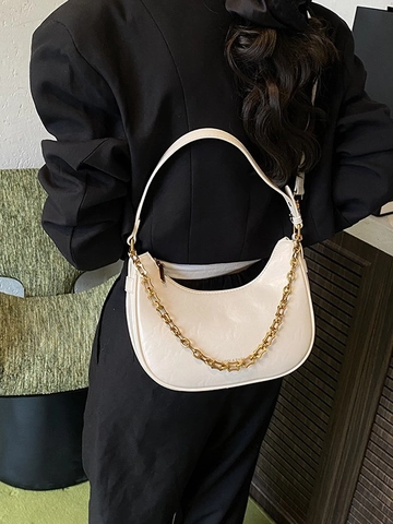 Vintage PU Leather Half Moon Hobo Bag For Women Minimalist Solid Color Crossbody Bag With Metal Chain Decoration