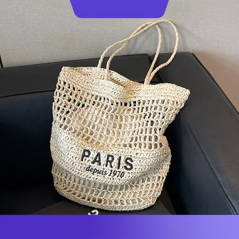 Borsa Tote da Donna in Paglia Intrecciata con Stampa Lettere Paris Traforata Grande Capacità Borsa a Spalla per Estate Spiaggia Vacanza
