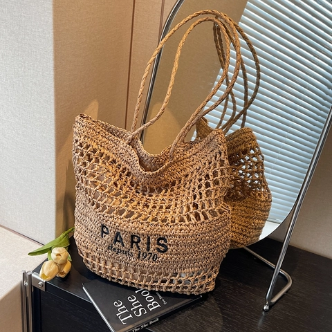 Borsa Tote da Donna in Paglia Intrecciata con Stampa Lettere Paris Traforata Grande Capacità Borsa a Spalla per Estate Spiaggia Vacanza