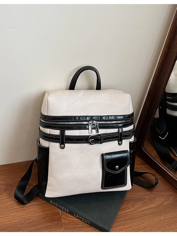 Mochila de Cuero PU de Gran Capacidad para Mujer Casual Bloque de Color Bolso de Viaje de Moda Bolso Escolar con Puntadas
