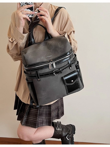 Mochila de Cuero PU de Gran Capacidad para Mujer Casual Bloque de Color Bolso de Viaje de Moda Bolso Escolar con Puntadas