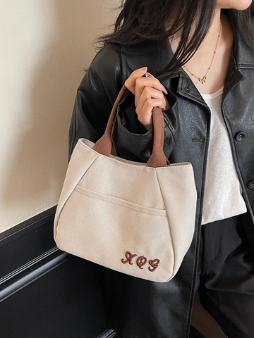 Sac à Main en Toile Vintage Grande Capacité pour Femmes Lettre Brodée Style Rétro Décontracté Sac Fourre-Tout à Poignée