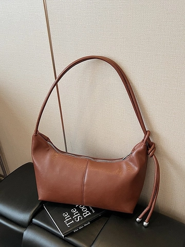 Minimalist PU Leather Hobo Shoulder Bag For Women Knotted Strap Metal Ball Charm Half Moon Commute Underarm Bag Solid Color