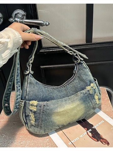 Women's Vintage Distressed Denim Hobo Bag Washed Ripped Moon Crossbody Bag Adjustable Eyelet Strap Large Shoulder Bag
