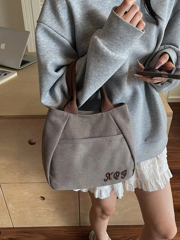Sac à Main en Toile Vintage Grande Capacité pour Femmes Lettre Brodée Style Rétro Décontracté Sac Fourre-Tout à Poignée