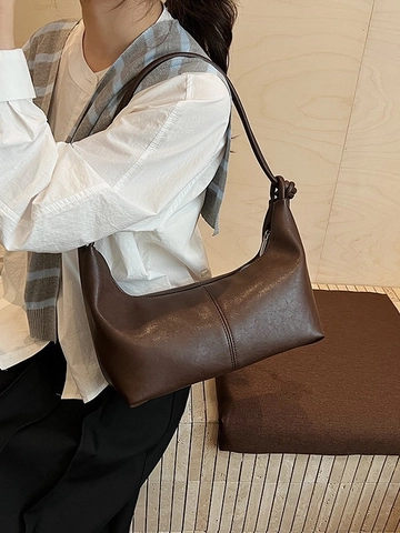 Minimalist PU Leather Hobo Shoulder Bag For Women Knotted Strap Metal Ball Charm Half Moon Commute Underarm Bag Solid Color
