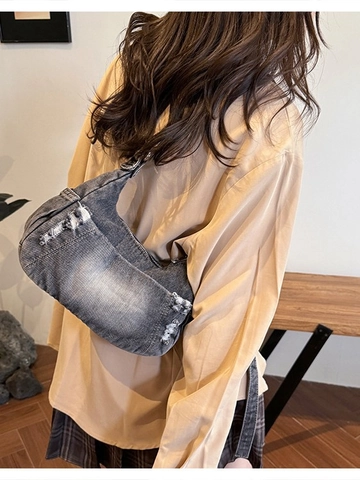 Women's Vintage Distressed Denim Hobo Bag Washed Ripped Moon Crossbody Bag Adjustable Eyelet Strap Large Shoulder Bag