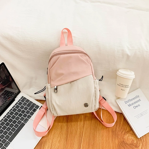 Sac à Dos Mini Color Block pour Femme Décontracté en Nylon Toile Petit Sac d'École Voyage Avec Poches Latérales à Cordon Sac à Dos Léger