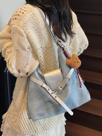 Women Retro Large Capacity PU Leather Tote Shoulder Bag Fashion Denim Texture Versatile Commuter Handbag With Plush Bear Charm