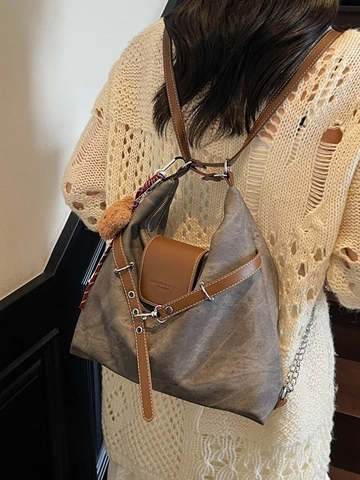Women Retro Large Capacity PU Leather Tote Shoulder Bag Fashion Denim Texture Versatile Commuter Handbag With Plush Bear Charm