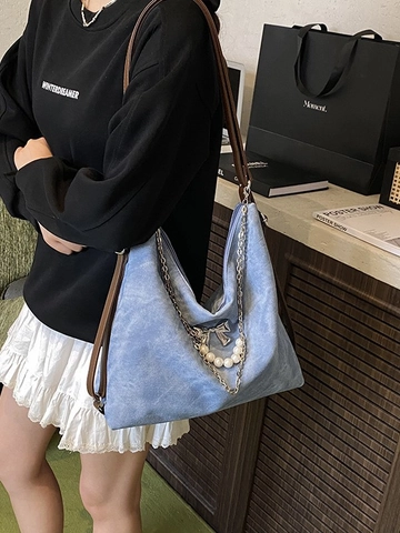 Vintage Bow Pearl Chain Shoulder Bag Large Capacity PU Denim Tote For Women Stylish Hobo Messenger Handbag Daily Travel Purse