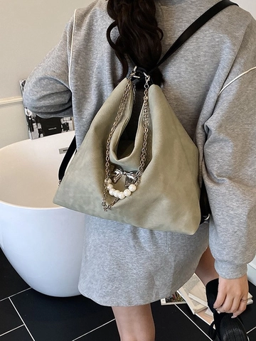 Vintage Bow Pearl Chain Shoulder Bag Large Capacity PU Denim Tote For Women Stylish Hobo Messenger Handbag Daily Travel Purse