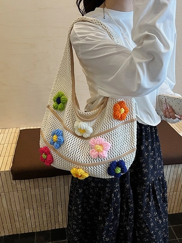 Handmade Knitted Crochet Flower Shoulder Bag For Women Hollow Out 3D Floral Tote Bag Large Capacity Beach Commuter Handbag