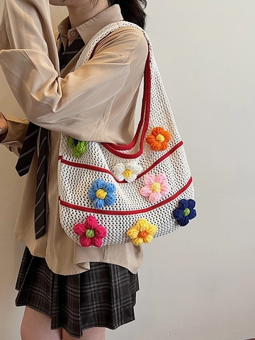 Handmade Knitted Crochet Flower Shoulder Bag For Women Hollow Out 3D Floral Tote Bag Large Capacity Beach Commuter Handbag