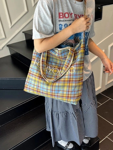 Damen Vintage Kariert Baumwolle Einkaufstasche Große Kapazität Schultertasche Literarischer Stil Stickerei Buchstabe Einkaufstasche