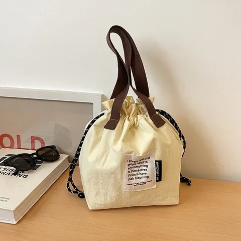 Damen Isolierte Lunchtasche Nylon Kordelzug Eimertasche Thermische Bento Beutel Tragbare Handtasche Für Pendeln Picknick Büro
