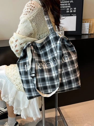 Damen Vintage Kariert Baumwolle Einkaufstasche Große Kapazität Schultertasche Literarischer Stil Stickerei Buchstabe Einkaufstasche